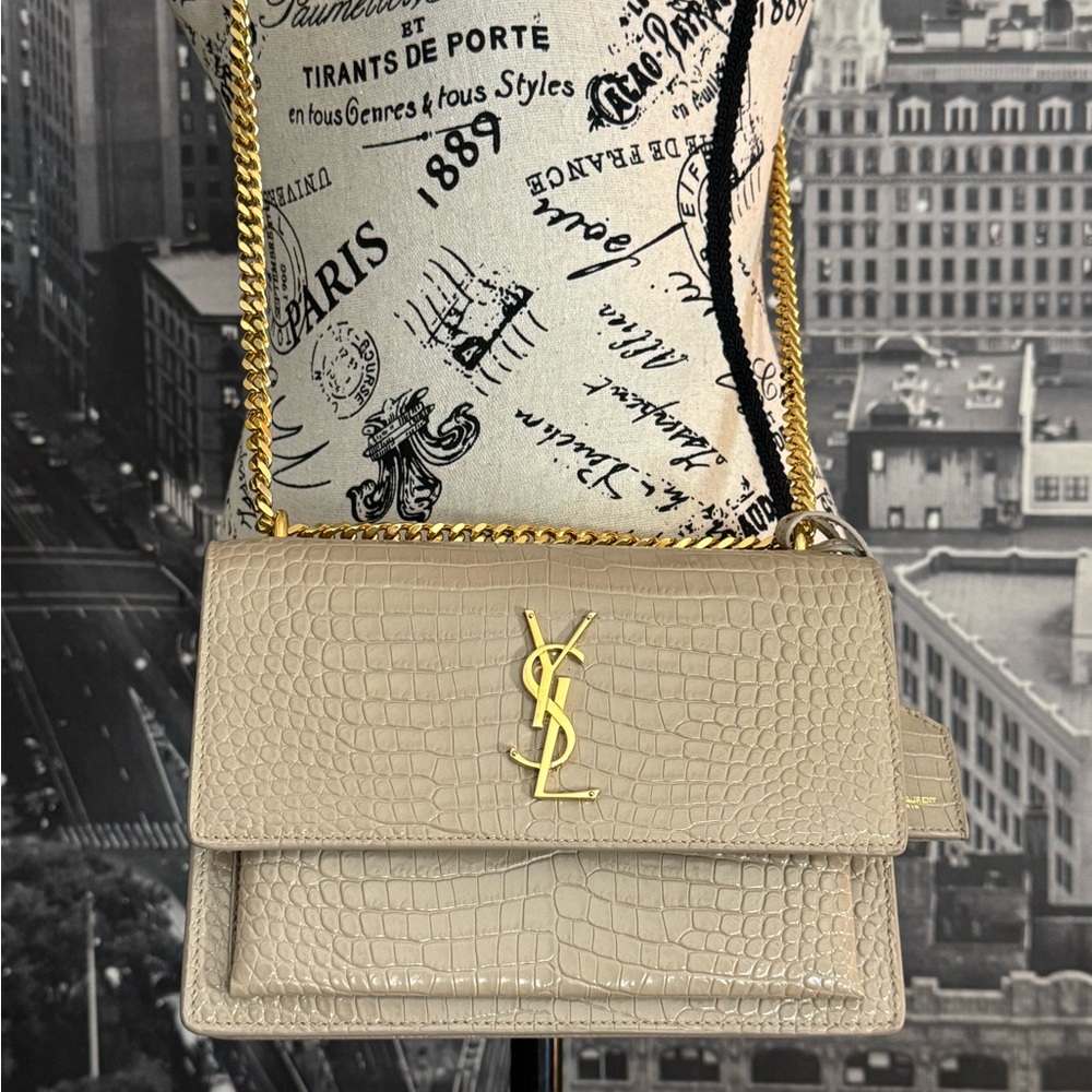 Saint Laurent Sunset Medium Croc-Embossed Leather Shoulder Bag in Dark Beige
